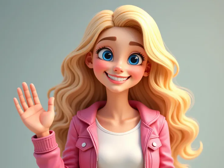 MAKE A BLONDE AGER WITH BLUE EYES AND LONG CURLY BLONDE HAIR COME OUT SMILING AND WAVING WITH ONE HAND IN A PINK JACKET AND A WHITE T-SHIRT