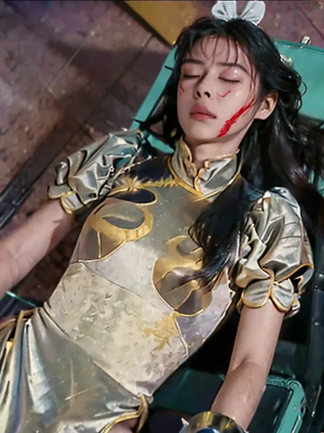 long hair, Silver Costume, Camera angle seen from above of a girl , carried on a stretcher , eyes closed , the details of the face are drawn accurately, expression of agony, In agony, injury, Bleeding, The details of the clothes being interviewed by ...