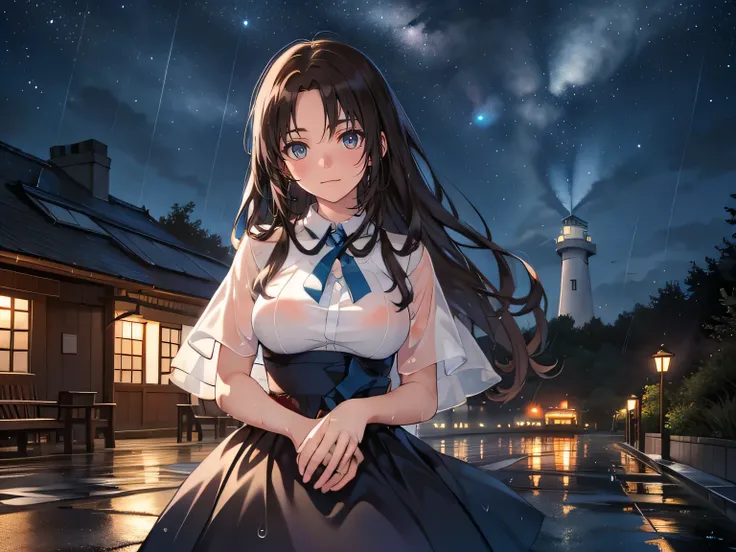    light brown hair straight  long hair　  dark eyes　  Bright Blue Dress  　rain　  look down　  close eyes　smile　smile　pray　Wish　dream　    1 girl,     high resolution,    tea hair,   とても long hair , rain,   wet , hope,  big breasts,   long hair, amount　 Foreh...