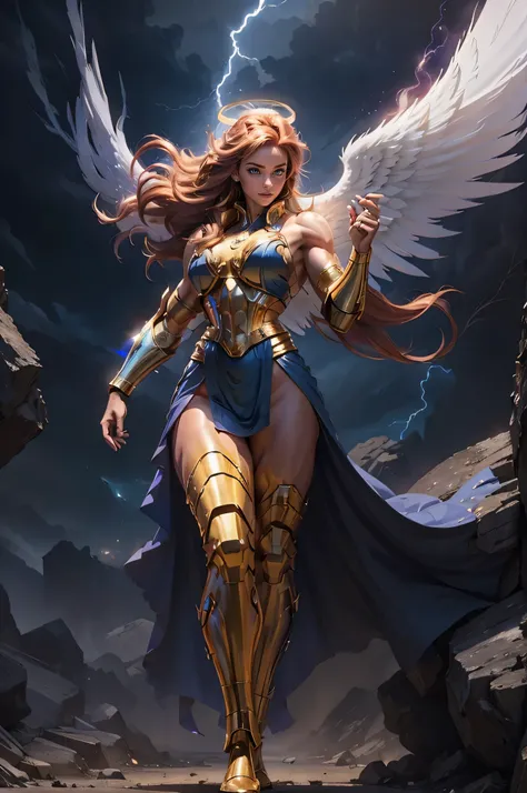 pretty woman, Valkyrie, long blond hair,(((halo angel))) , braided pig tails, Blue Eyes, detailed facial features , proportional hands, proportional fingers, leather armor , skin cover, navio viking, mulher Muscular, Asgard, Valkyrie,Lady Knight, Anatomica...