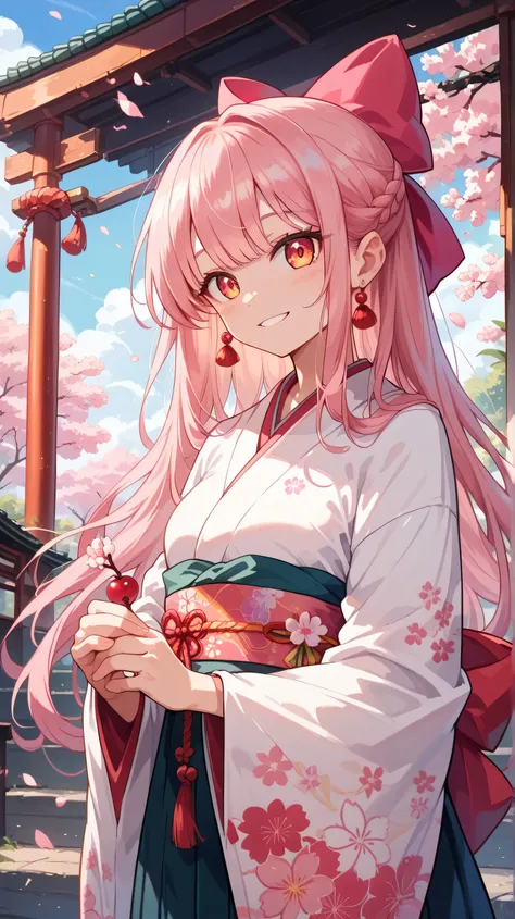 spring　cherry blossoms　full bloom　null　 pink hair　 kimono　 girl　smile　 Fantastic　 high definition　8k　 best quality 