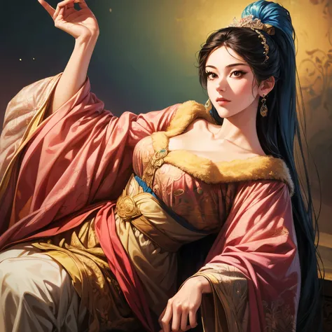  beautiful woman in rococo style, oil painting, Illustration of Three Kingdoms Jiyeon , Female solo,  detailed face ,  perfect hand ,  elegant pose ,  watercolor landscape background , ( top quality, 4K, 8k,  high resolution, masterpiece: 1.2), Very detail...