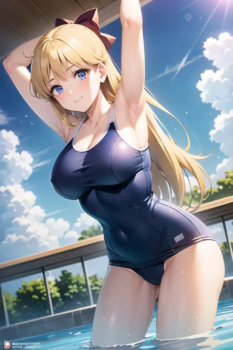 best quality:1.2, ultra-detailed:1.4, 8K:1.2, (Aino Minako:1.3), 1girl, leaning forward, (school swim suits in navy blue:1.3), blonde long hair, Big Red ribbon:1.3, smile, blush, wet body, arms up, her side shown off