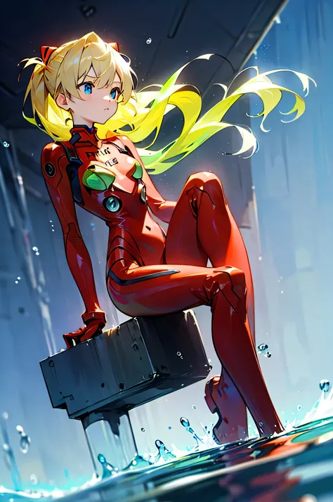 formula wallpaper、 1 girl sitting underwater、 Shikinami Asuka Langley、 is standing、 hair is fluttering in the wind、 plug suit、 simple background