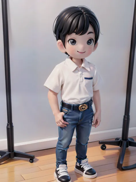 a small (boy) smiling, white polo shirt, jeans, belt, shoes, stand up, front view, no background