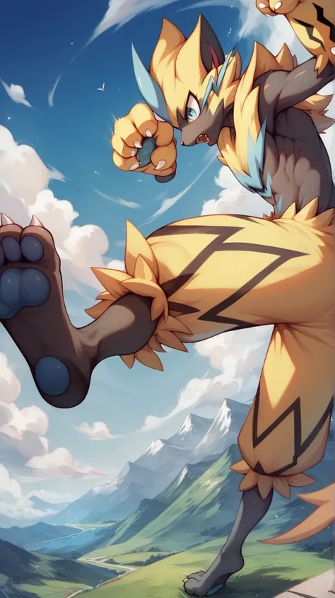 ZERAORA MALE, World of Day , mountains, cielo azul, white clouds,  POKEMON ,  PROFILE POSE kicking in the air 