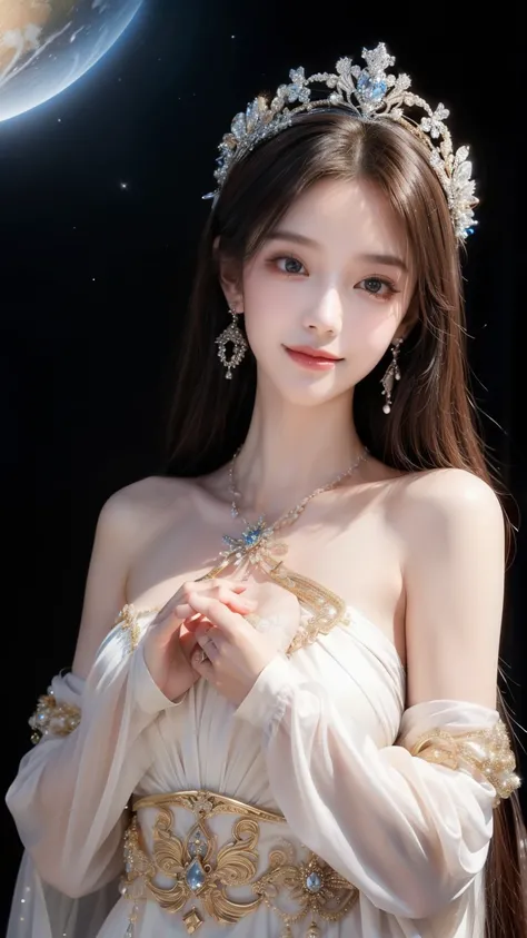 Goddess, a young woman, very delicate, beautiful and powerful, delicate face, beautiful body lines, tiara, earrings, holding a recommended sphere in both hands in front of the chest, facing forward, staring, smiling, long sleeves, ornaments, background is ...