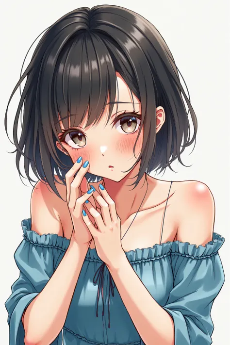 masterpiece、blue nail polish , beautiful hands, boyish woman （ short hair）、 Backless Dress 、 look down, That's an embarrassing expression 、(( has red cheeks ))、 Shooting from an angle, wide shot,Hand-drawn illustration, Strong color , stylish anime