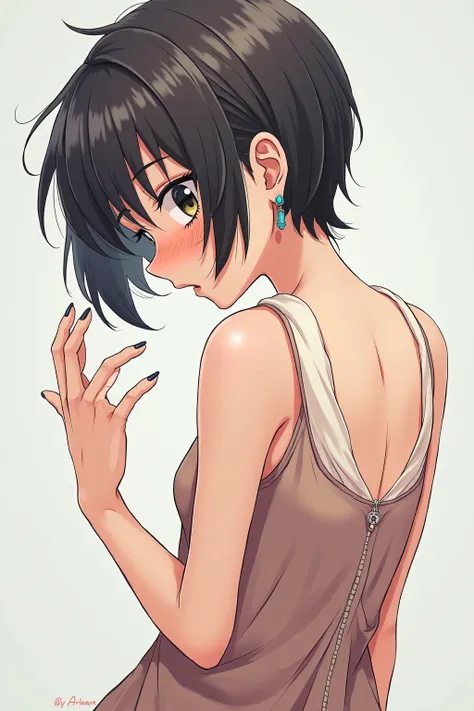 masterpiece、blue nail polish , beautiful hands, boyish woman （ short hair）、 Backless Dress 、 look down, That's an embarrassing expression 、(( has red cheeks ))、 Shooting from an angle, wide shot,Hand-drawn illustration, Strong color , stylish anime