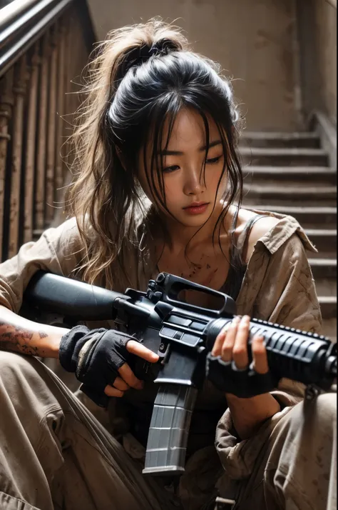 (8K, realistic shooting, realistic skin texture, 8K, photorealistic, full shot, realistic skin texture, stairs of an old building, beautiful Japanese woman living in America, long hair tied up, dirty, holding an automatic rifle, sitting, involved in a figh...