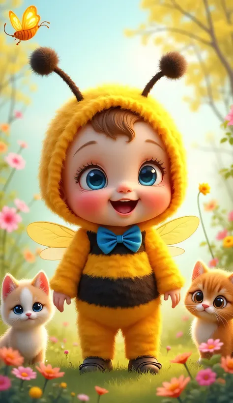 This image depicts an adorable baby dressed in a fuzzy yellow and black bee costume, complete with antennae, wings, and a blue bow tie. The baby has big, cheerful blue eyes and a happy expression, standing in a whimsical, colorful outdoor scene surrounded ...