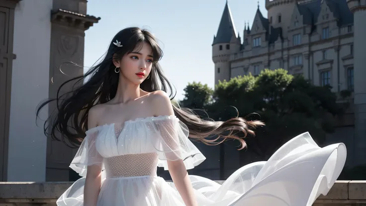 ((Girl Standing on the Balcony of an Old Castle ))、 fluorescent color 、1 Girl、 facing sideways 、 beautiful faces、 beautiful eyes、（ off-shoulder：1.2）、 upper body、 shiny hair、Glowing Skin、 Reduce glare、Adjust finger ratios、Escrow、throw、 Dynamic Angles 、(((Ma...