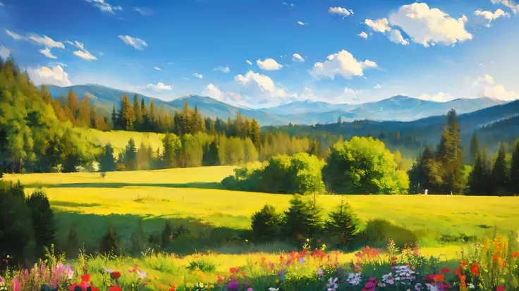 A is drawing with paint,Background meadow, Sky, looks up at the , Distant Scenery