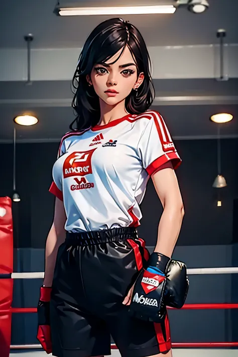  full-length photo  .  Beautiful woman . 28 years old . Romanian  .  Height 173 centimeters .  chest size 4  .  black hair .  brown eyes . Wearing a training uniform . is training. He is engaged in boxing .