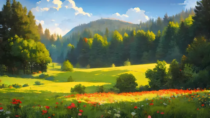 A is drawing with paint,Background meadow, Sky, looks up at the , Distant Scenery