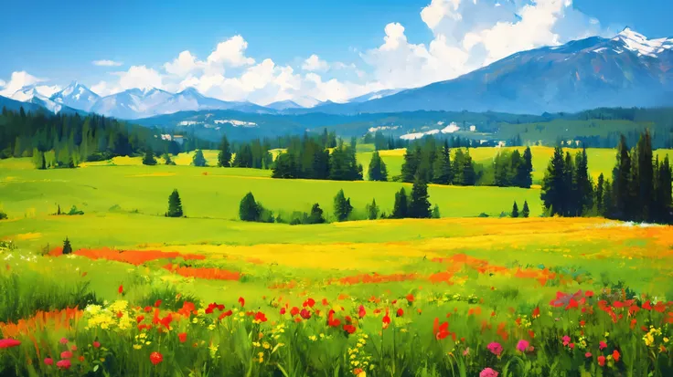 A is drawing with paint,Background meadow, Sky, looks up at the , Distant Scenery