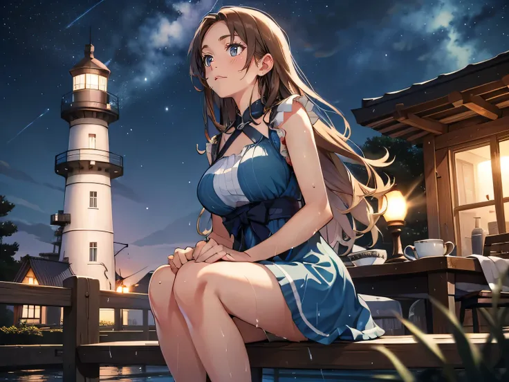    light brown hair straight  long hair　  brown eyes　 kind eyes 　 bright blue dress 　rain　   Looking Up at the Sky 　shed tears　Laughter泣き　smile　Smile　Wish　dream　  1 girl,     high resolution,    tea hair,   とても long hair , rain,   wet , hope,  big breasts,...