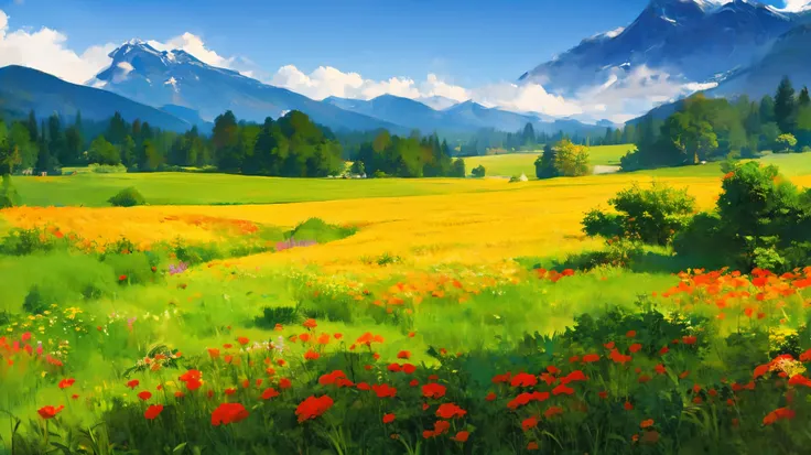 A is drawing with paint,Background meadow, Sky, looks up at the , Distant Scenery