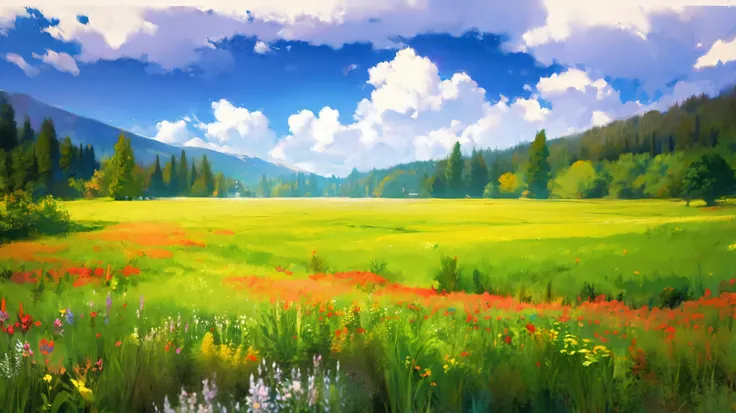 A is drawing with paint,Background meadow, Sky, looks up at the , Distant Scenery