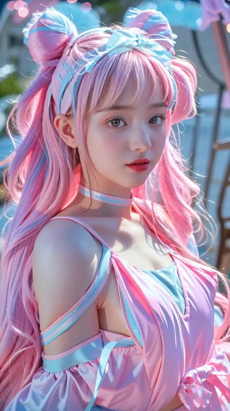 Adorable , Gorgeous , Beautiful , Russian Baby Face , (Large Colossal Breasts) , 30 Years Old , White Skin , Bunny Cosplay Suit , Bunny Headband , Front Facing , Potrait , Top of The Mountain Background , Wind , ((Muscles:1.1)) , Long Hair Bangs , Blue Eye...
