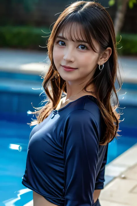 Nose Blush, ( Smile:1.3)、
blush

(masterpiece:1.2), (very aesthetic:1.3), (absurdres:1.3),  1girl , young adult, standing, wringing hair, upper body focus, from below angle, wet white t-shirt, wet navy blue bloomers, long wet wavy brown hair, refreshed exp...