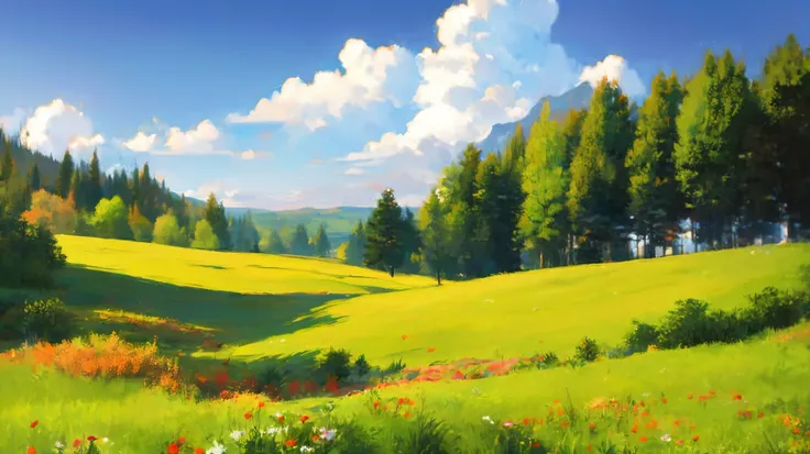 A is drawing with paint,Background meadow, Sky, looks up at the , Distant Scenery