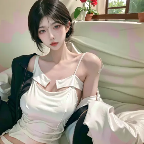  A beautiful woman with a perfect figure ：1.4， cascading hairstyle ，Prominent cleavage， bikini：1.5，Ultra short pleated skirt ，whole body， Highly detailed facial and skin textured， Double eyelids，Skin Whitening，Long black hair