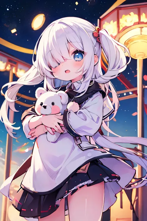 location: Amusement park, cute girl holding a teddy bear,  white hair covering one eye, Making a cute expression,  in a cute pose ,  Wearing cute clothes, , wearing a skirt,  sky blue eyes,