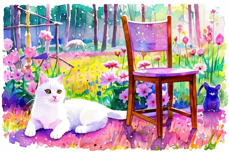  watercolor, illustration ,Cats,Flower Field, pink , gentle color next to the chair,Luminism,Impressionism, Carl Larson-style illustration,  smiles,  Bright Eyes , has a lot of white space, glitter effect, 