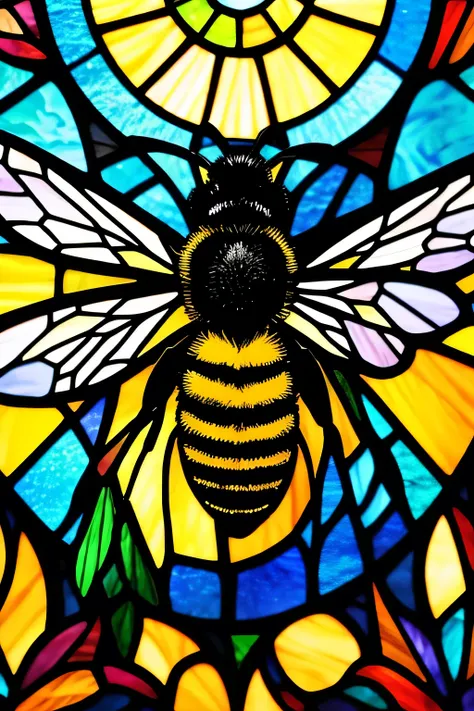 a stained glass picture of a bee with a yellow background, painting big bees flying around,  Stained Glass Art , made of bees, big bee, closeup painting of bee,  Vector art by  , (bee),   maxim verehin stained glass mosaic  , by Meredith Dillman, bees, Sta...