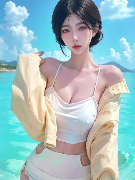  A beautiful woman with a perfect figure ：1.4， cascading hairstyle ，Prominent cleavage， bikini：1.5，Ultra short pleated skirt ，whole body， Highly detailed facial and skin textured， Double eyelids，Skin Whitening，Long black hair