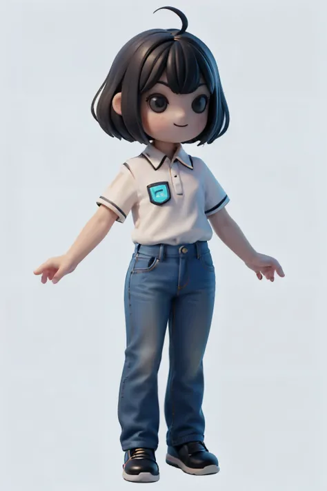1girl smiling, loose pants, white clean polo shirt, no design, no brands, short sleeves, stand up, full body, no background