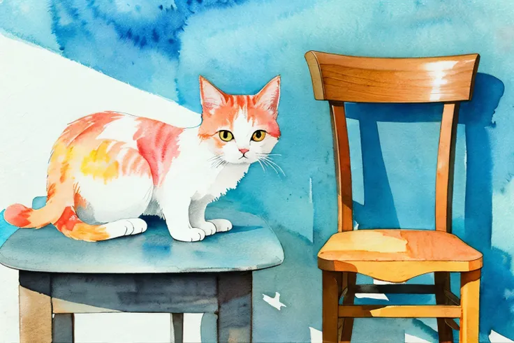  watercolor,Cute Cat,Artistic, Luminism,  gentle color next to the chair,abstract rococo style, 