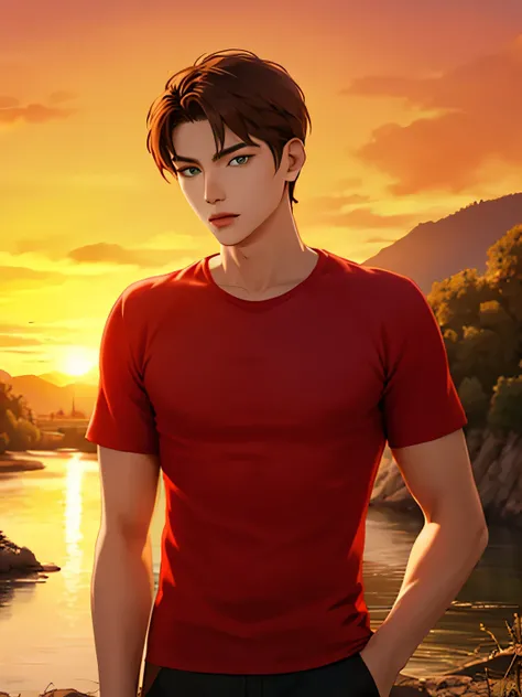 solo Kazakh male, thin body, short brown hair and (green eyes), wearing red t-shirt and short, sexy posing near the river, sunset