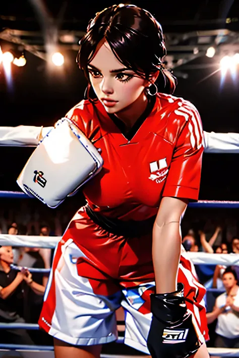  full-length photo  .  Beautiful woman . 28 years old . Romanian  .  Height 173 centimeters .  chest size 4  .  black hair .  brown eyes . Wearing a training uniform . Boxing match against another woman .