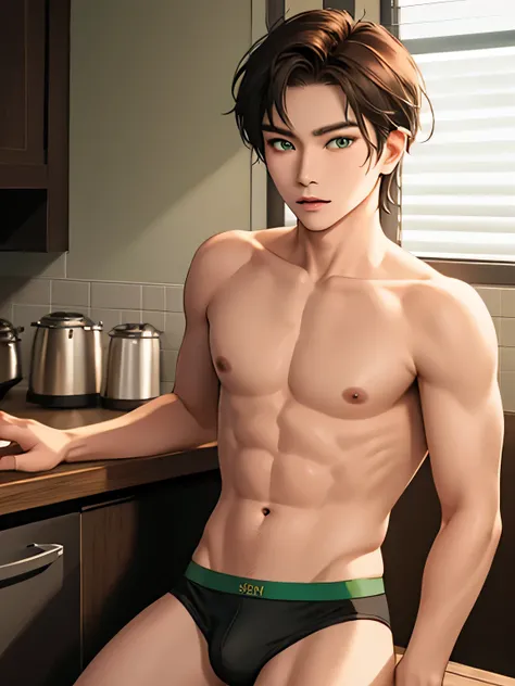 solo Kazakh male, thin body, short brown hair and (green eyes), wearing black underwear, sexy posing at the kitchen table