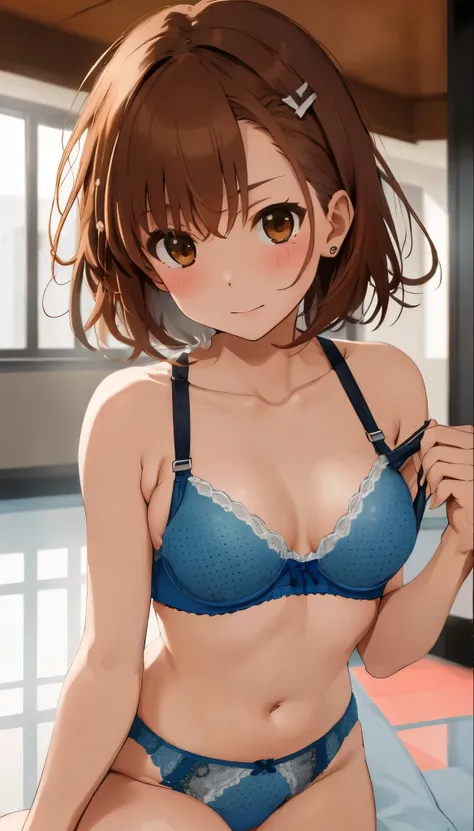 nsfw ４ｋquality, 最高quality, Misaka_Mikoto,   brown eyes,   short_hair, Ultra-small_Chest,）  on a Hotel Bed  　  blue lingerie  　１６age　  Sexy Poses 　  attractive　   if you sweat a lot  ,  white bra 、  pink bra、  blue bra、   green bra at the skating rink 、Gray...