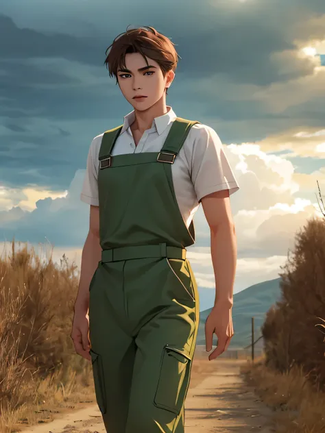 solo Kazakh male, thin body, short brown hair and (green eyes), wearing overall, sexy posing, walking, cloudy