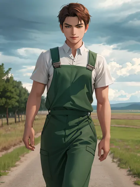 solo Kazakh male, thin body, short brown hair and (green eyes), wearing overall, sexy posing, walking, cloudy, smirk