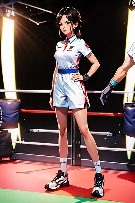  full-length photo  .  Beautiful woman . 28 years old . Romanian  .  Height 173 centimeters .  chest size 4  .  black hair .  brown eyes . Wearing a training uniform . Boxing match against another woman .