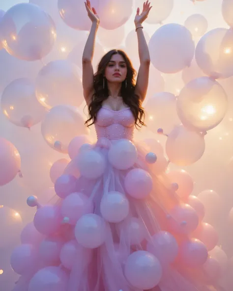 A young woman of Latin ethnicity, in her twenties, with a delicate face and serene expression, wears a long, flowing dress made of pastel-colored balloons: soft pinks, light blues, and pale yellows. Her body is in an elegant contortion, with her arms exten...