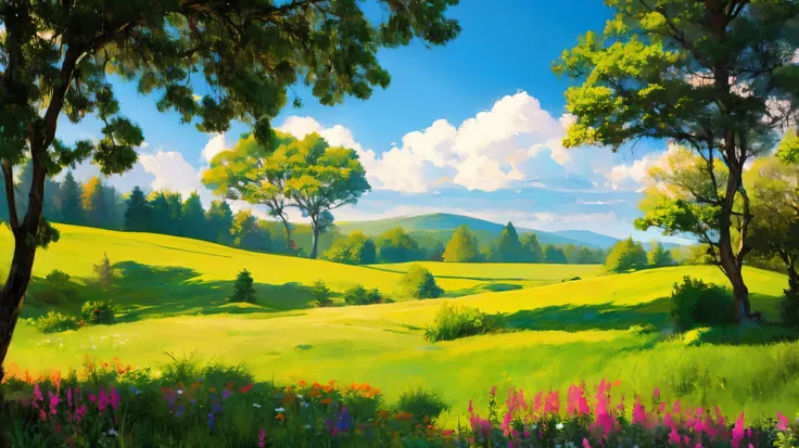 A is drawing with paint,Background meadow, Sky, looks up at the , Distant Scenery