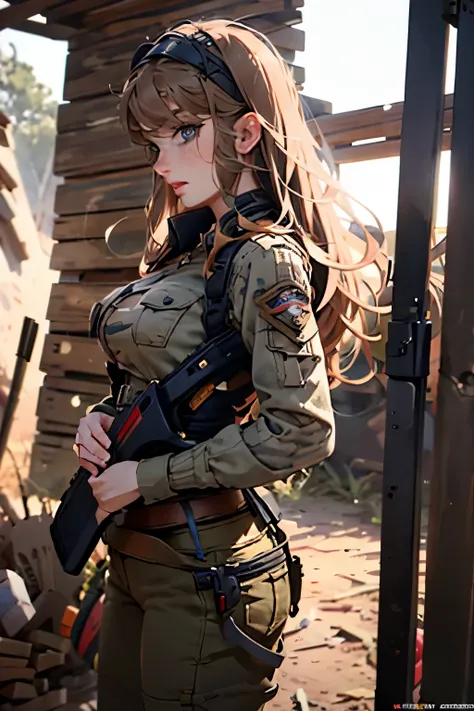 very pretty girl . She is 28 years old . Breast size 3 . height 180 cm . light grey eyes . brown-haired . . Wearing military uniform . soldier . She has a gun in her hands . severe , TIRED LOOK .