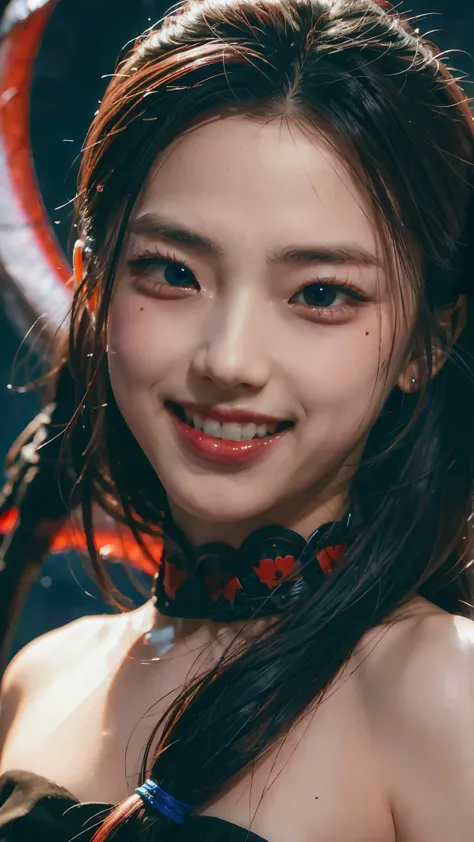 Red eyes, vampir teeth fangs, booldy face, blood out of mouth, smirk,bat wings, scary smile, psychopathic smirk, psychopathic smile, scary, mouth opem, angry eyes, vampire, dark sky background, red + blue + green, glowing red moon