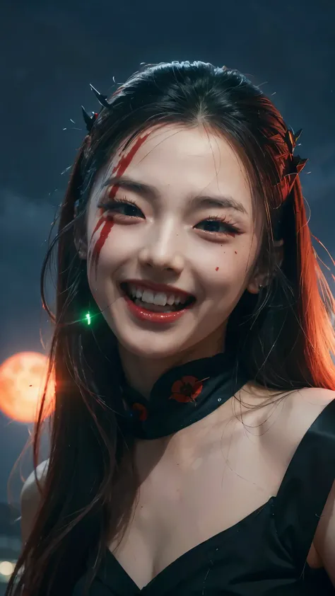 Red eyes, vampir teeth fangs, booldy face, blood out of mouth, smirk,bat wings, scary smile, psychopathic smirk, psychopathic smile, scary, mouth opem, angry eyes, vampire, dark sky background, red + blue + green, glowing red moon