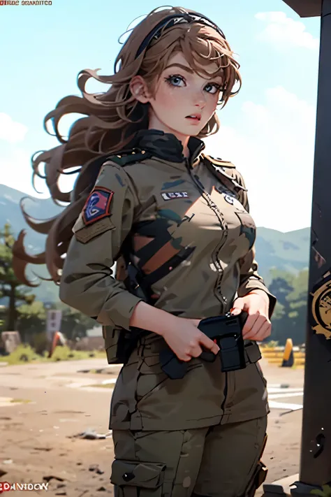 very pretty girl . She is 28 years old . Breast size 3 . height 180 cm . light grey eyes . brown-haired . . Wearing military uniform . soldier . She has a gun in her hands . severe , TIRED LOOK .