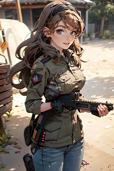 very pretty girl . She is 28 years old . Breast size 3 . height 180 cm . light grey eyes . brown-haired . . Wearing military uniform . soldier . She has a gun in her hands . She smiles wearily .