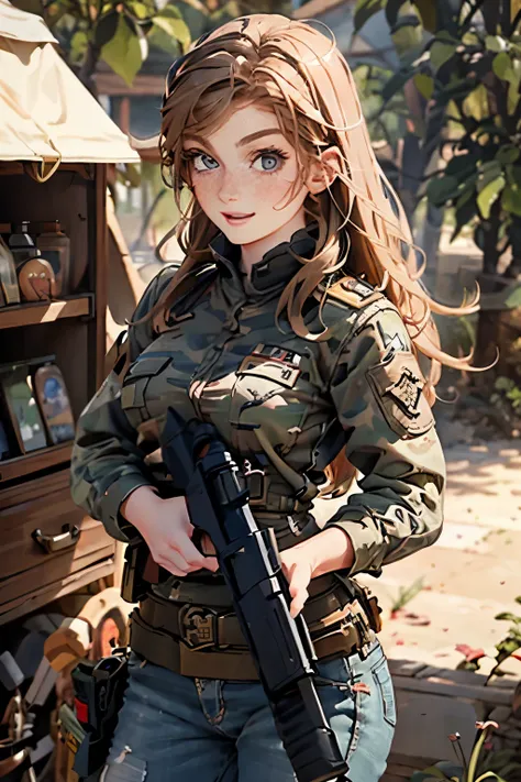  very pretty girl . She is 28 years old .  Breast size 3  . height 180 cm .    light grey eyes  . brown-haired . .  Wearing military uniform . soldier . She has a gun in her hands . She smiles wearily .