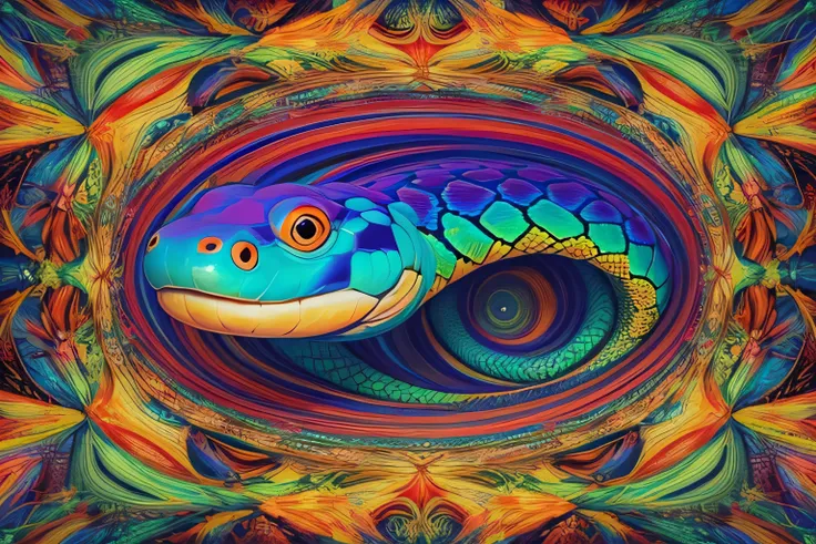 The picture of a Snake is drawn with colorful pictures, Psychedelic Art , Puzzle Art , Mysterious