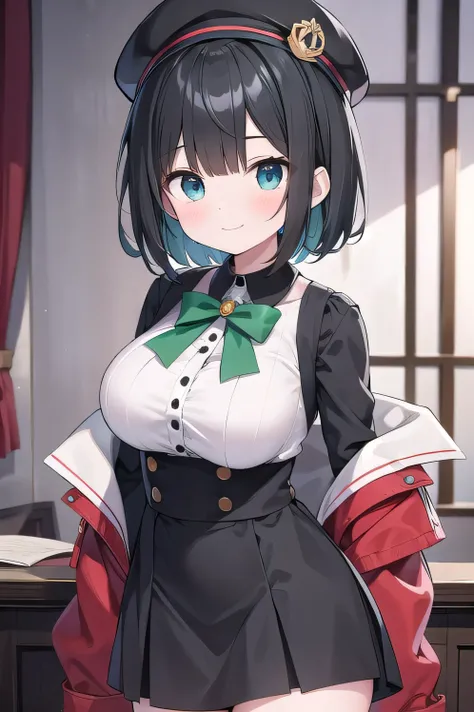 Junior high detective who looks like an elementary , very medium, 160 cm tall, black hair with a slight green tinge, short ahoge, beautiful short hair but with a little hair sticking out, beautiful round eyes, blue eyes, smile, boyish, long sleeves, skirt,...